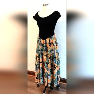 Frederick's of Hollywood vintage basque waist, smocked dark floral maxi dress
